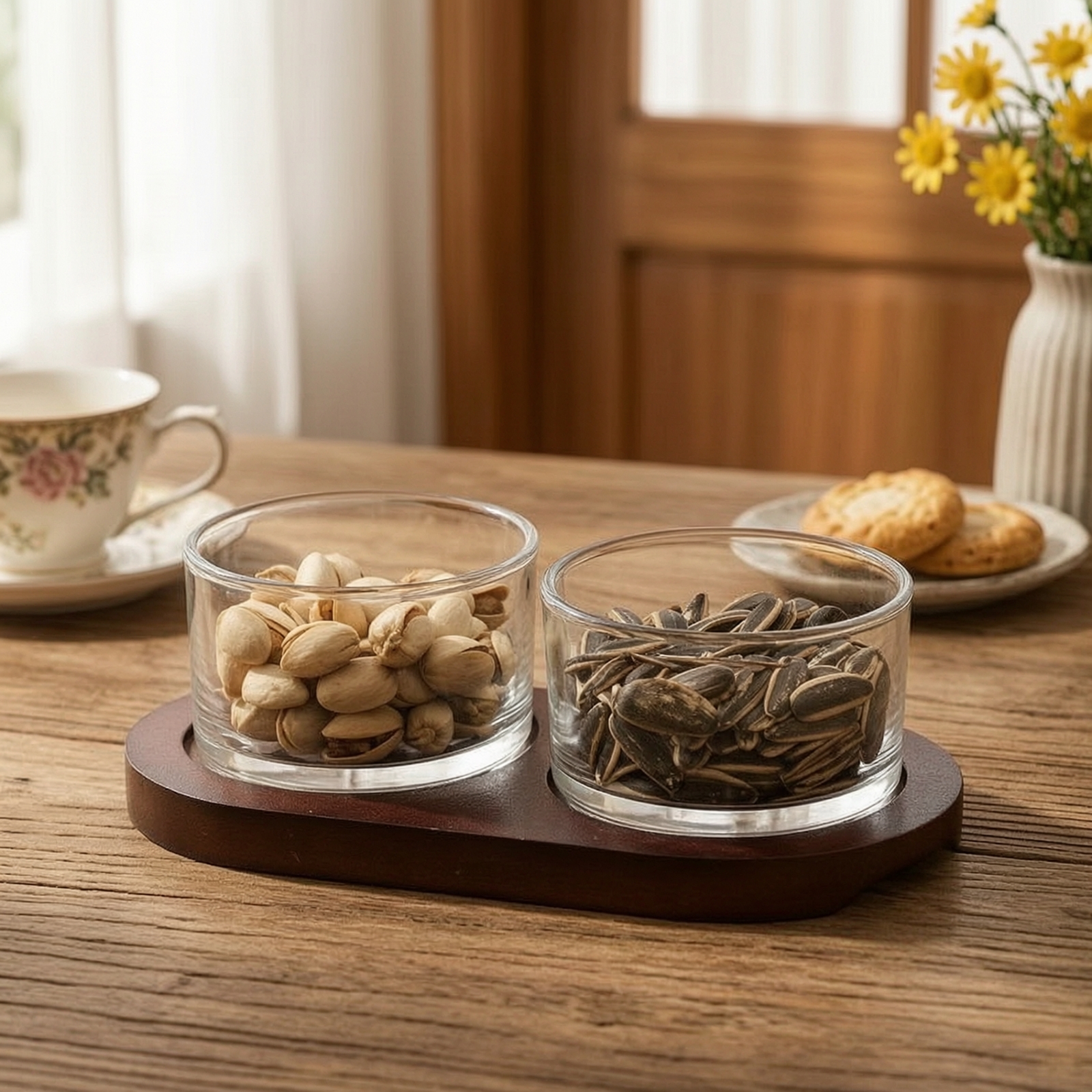 Wooden Serving Tray - Snack Server with Glass Bowls Tabletop