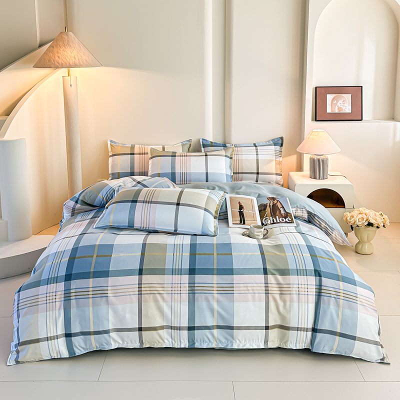 4PCS Blue Plaid Bedding Set Mo - Linen Duvet Cover recensione e prezzo