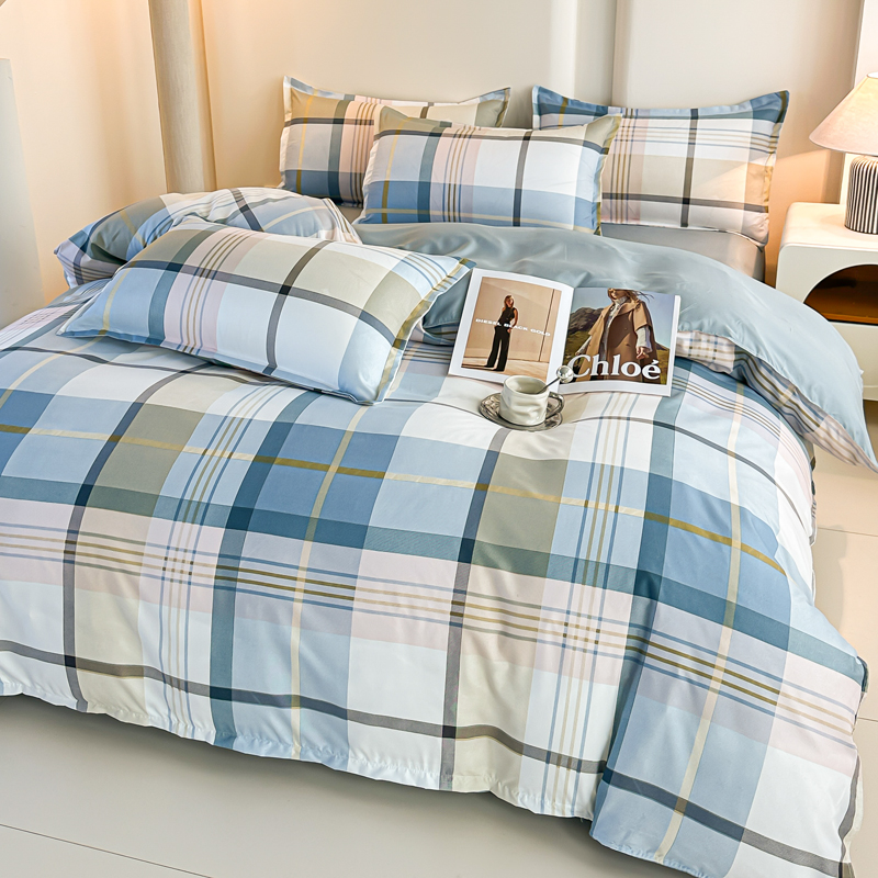 4PCS Blue Plaid Bedding Set Mo - Linen Duvet Cover recensione e prezzo