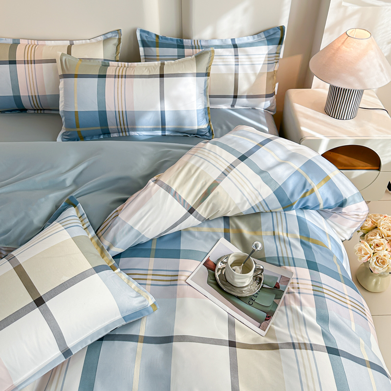 4PCS Blue Plaid Bedding Set Mo - Linen Duvet Cover recensione e prezzo